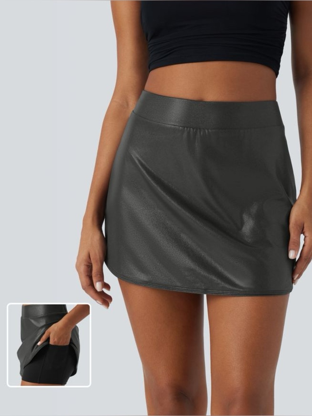 Halara Faux Leather Look Skort High Waist Mini Skirt Built-In Shorts Black M
